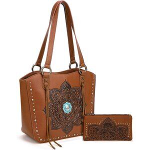Western Tribal Studded Vegan Leather Shoulder Tote with Wallet Brown